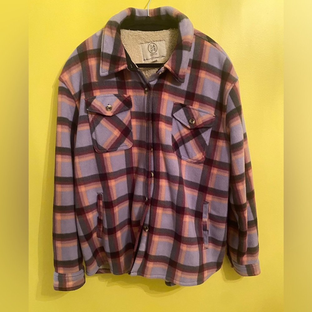 Sage Collective Women’s Flannel Jacket Sherpa Lined Med Striped Shacket Chore XL